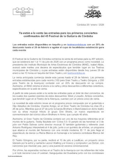 Entradas ya a la venta para los primeros conciertos del 45.º Festival de la Guitarra de Córdoba