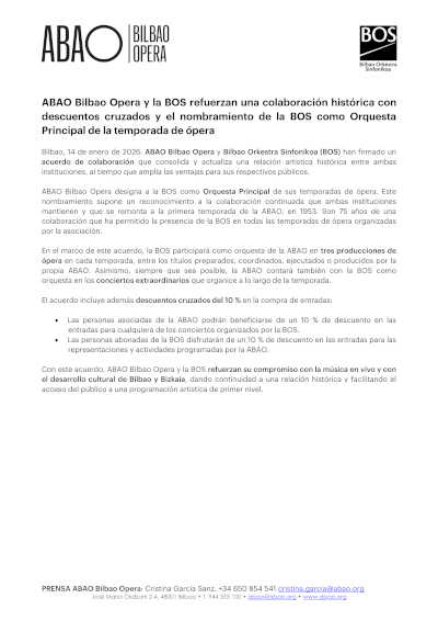 ABAO Bilbao Opera y la BOS refuerzan una colaboración histórica con descuentos cruzados