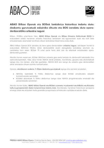 ABAO Bilbao Opera y la BOS refuerzan una colaboración histórica con descuentos cruzados