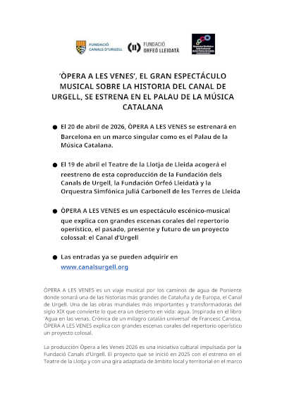 «Òpera a les venes», gran espectáculo musical sobre la historia del Canal d’Urgell, estrena en el Palau de la Música Catalana