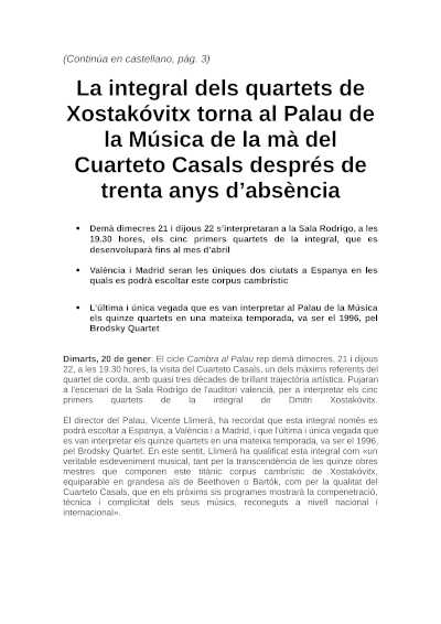 La integral de los cuartetos de Shostakóvich vuelve al Palau de la Música de la mano del Cuarteto Casals