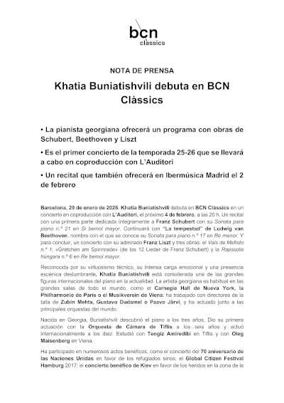 Khatia Buniatishvili debuta en BCN Clàssics con obras de Schubert, Beethoven y Liszt