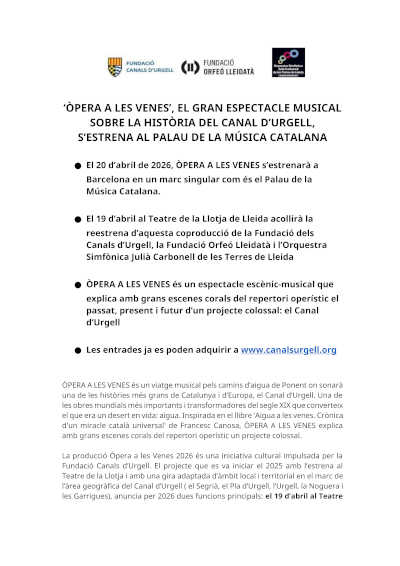 «Òpera a les venes», gran espectáculo musical sobre la historia del Canal d’Urgell, estrena en el Palau de la Música Catalana