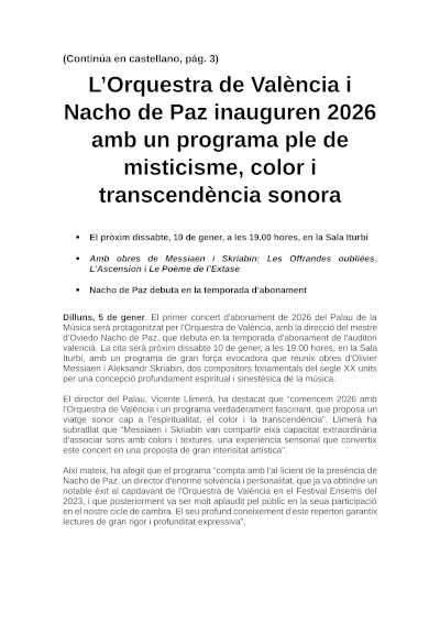 La Orquesta de València y Nacho de Paz inauguran 2026 con un programa lleno de misticismo, color y trascendencia sonora