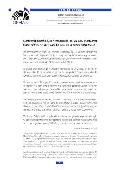 Montserrat Caballé será homenajeada por su hija, Montserrat Martí, Ainhoa Arteta y Luis Santana