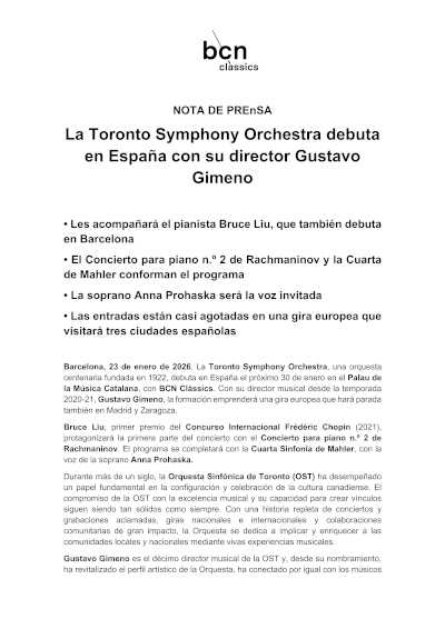 La Toronto Symphony Orchestra debuta en España con su director, el maestro Gustavo Gimeno
