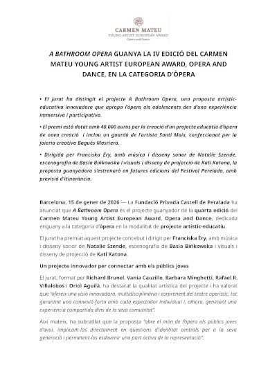 «A Bathroom Opera» gana la IV edición del Carmen Mateu Young Artist European Award, Opera and Dance