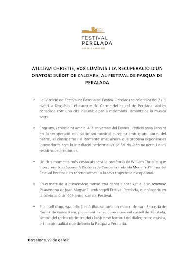 William Christie, Vox Luminis y la recuperación de un oratorio inédito de Caldara en el Festival de Pascua de Peralada