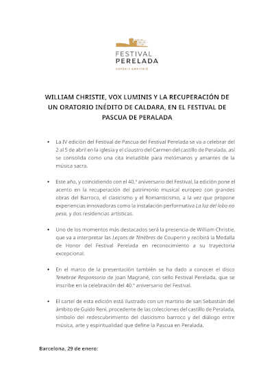 William Christie, Vox Luminis y la recuperación de un oratorio inédito de Caldara en el Festival de Pascua de Peralada