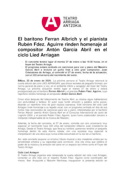 Ferran Albrich y Rubén Fernández Aguirre rinden homenaje al compositor Antón García Abril en el ciclo Lied Arriagan