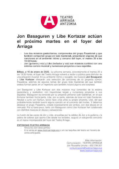 Jon Basaguren y Libe Kortazar actuarán en el foyer del Arriaga