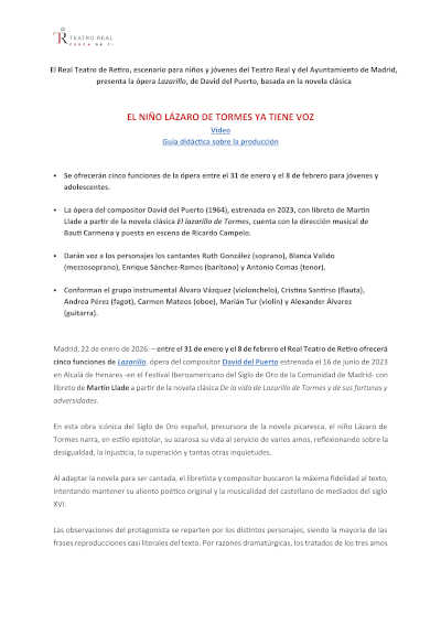 El niño Lázaro de Tormes ya tiene voz, en el Real Teatro de Retiro