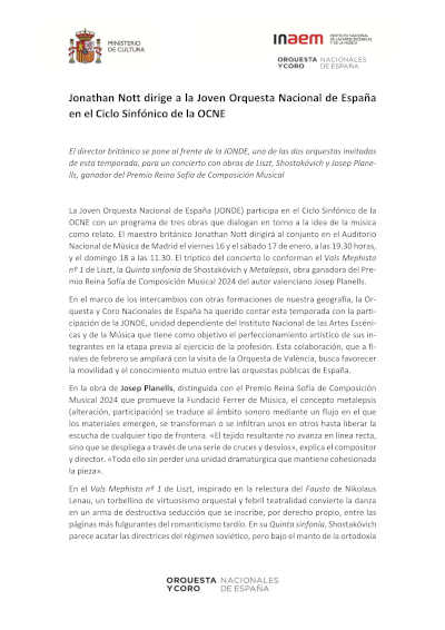 El maestro Jonathan Nott dirige a la Joven Orquesta Nacional de España en el Ciclo Sinfónico de la OCNE
