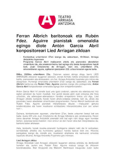 Ferran Albrich y Rubén Fernández Aguirre rinden homenaje al compositor Antón García Abril en el ciclo Lied Arriagan