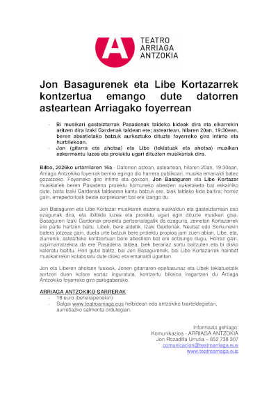 Jon Basaguren y Libe Kortazar actuarán en el foyer del Arriaga