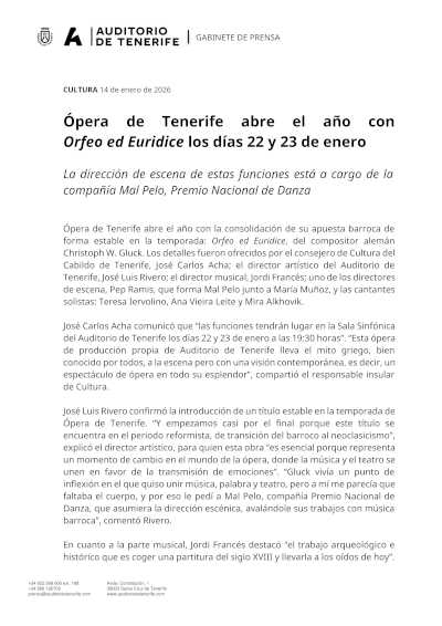 Ópera de Tenerife abre el año con Orfeo ed Euridice los días 22 y 23 de enero