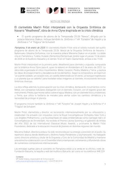 El clarinetista Martin Fröst interpretará con la Orquesta Sinfónica de Navarra “Weathered”, obra de Anna Clyne