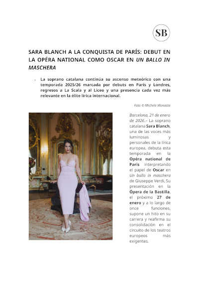 Sara Blanch, nuevo debut internacional en la Ópera Nacional de París con «Un ballo in maschera»