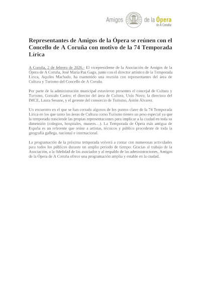 Amigos de la Ópera de A Coruña y el Concello avanzan en los ejes de la 74 Temporada Lírica