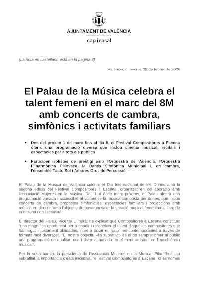 El Palau de la Música celebra el 8M con conciertos de cámara, sinfónicos y actividades familiares