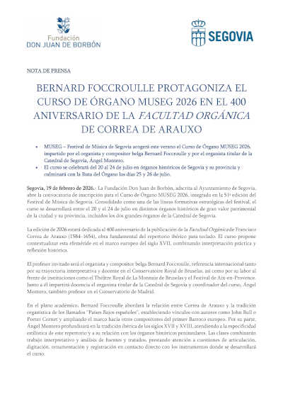 Bernard Foccroulle lidera el Curso de Órgano MUSEG 2026 en homenaje a Correa Arauxo