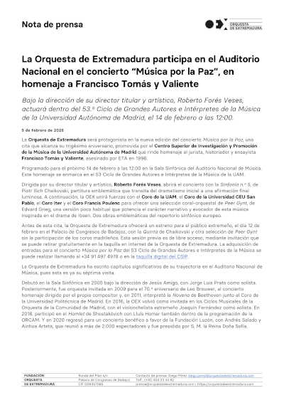 La Orquesta de Extremadura participa en el Auditorio Nacional en el concierto “Música por la Paz”