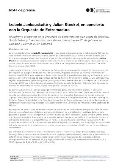 Izabelė Jankauskaitė y Julian Steckel, en concierto con la Orquesta de Extremadura