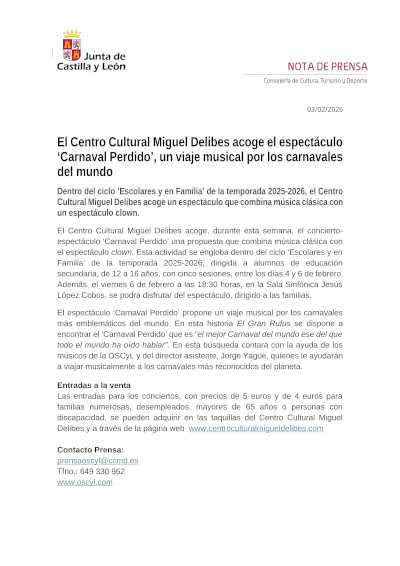 El Centro Cultural Miguel Delibes acoge el espectáculo «Carnaval Perdido», un viaje musical por los carnavales del mundo
