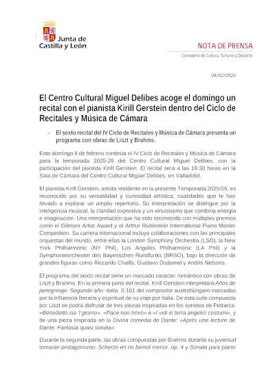 El Centro Cultural Miguel Delibes acoge un recital con el pianista Kirill Gerstein en el Ciclo de Recitales y Música de Cámara