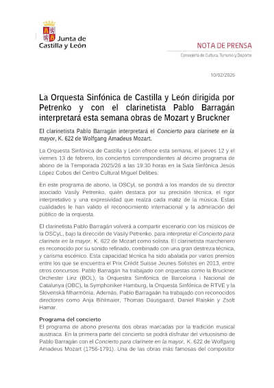 La Orquesta Sinfónica de Castilla y León dirigida por Petrenko y con el clarinetista Pablo Barragán