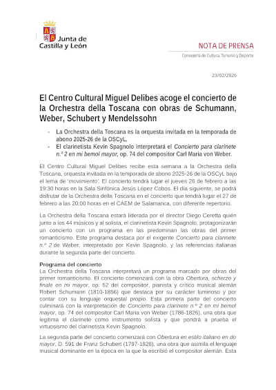 El Centro Cultural Miguel Delibes acoge la Orchestra della Toscana con Schumann, Weber, Schubert y Mendelssohn