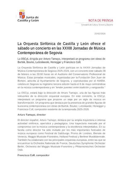 La OSCyL ofrece el sábado un concierto en las XXXIII Jornadas de Música Contemporánea de Segovia