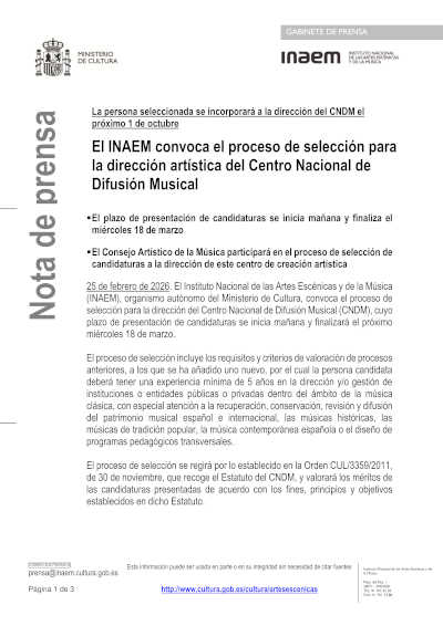 El INAEM convoca el proceso de selección para la dirección artística del Centro Nacional de Difusión Musical