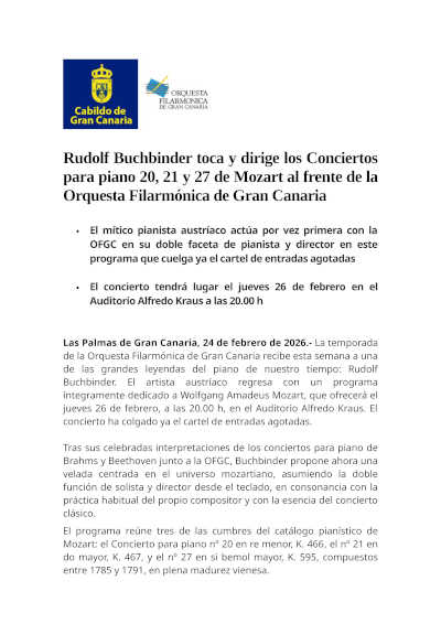 Rudolf Buchbinder toca y dirige los Conciertos para piano 20, 21 y 27 de Mozart al frente de la OFGC