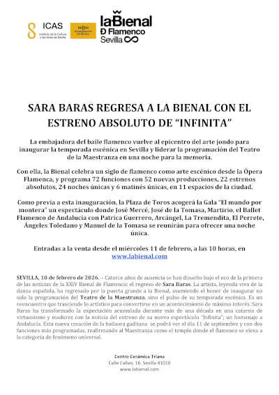 Sara Baras regresa a la Bienal de Flamenco de Sevilla con el estreno absoluto de «Infinita»