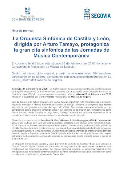 La Orquesta Sinfónica de Castilla y León, protagoniza la gran cita sinfónica de las Jornadas de Música Contemporánea