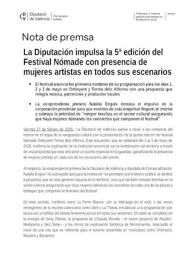 La Diputación impulsa la 5ª edición del Festival Nómade con presencia de mujeres artistas en todos sus escenarios