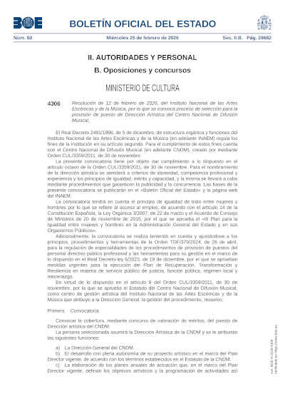 El INAEM convoca el proceso de selección para la dirección artística del Centro Nacional de Difusión Musical