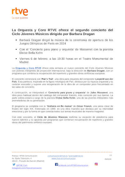 La Orquesta y Coro RTVE ofrece el segundo concierto del Ciclo Jóvenes Músicos dirigido por Barbara Dragan