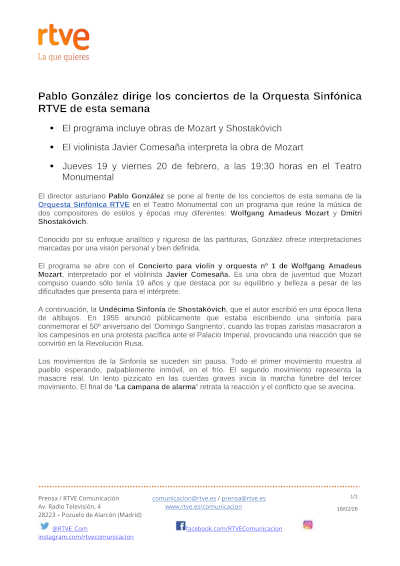 Pablo González dirige a la Orquesta Sinfónica RTVE con Mozart y Shostakóvich en el Teatro Monumental