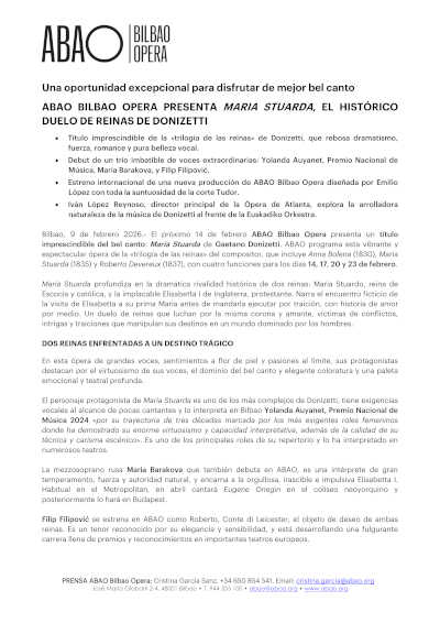 ABAO Bilbao Opera presenta Maria Stuarda, el histórico duelo de reinas de Donizetti