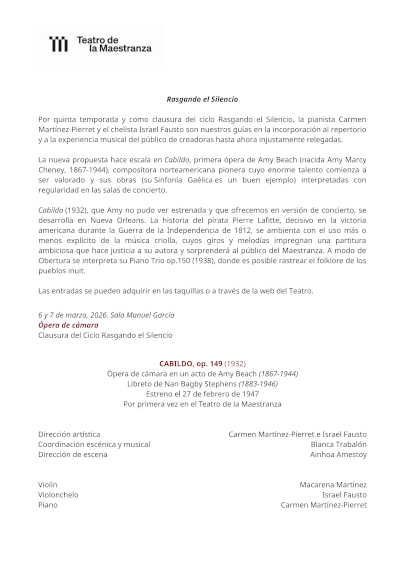 El Teatro de la Maestranza clausura el ciclo Rasgando el Silencio con Cabildo, la única ópera de Amy Beach