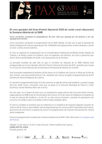 El coro ganador del Gran Premio Nacional 2025 de canto coral clausurará la Semana Abierta de la SMR