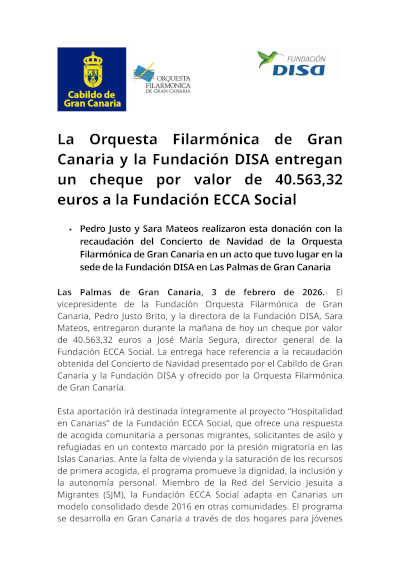 La Filarmónica de Gran Canaria y la Fundación DISA entregan 40.563 euros a la Fundación ECCA Social