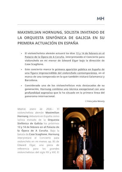 Maximilian Hornung, por primera vez en España con la Sinfónica de Galicia