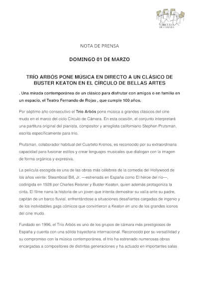 Trío Arbós pone música aen directo a un clásico de Buster Keaton en el Círculo de Bellas Artes