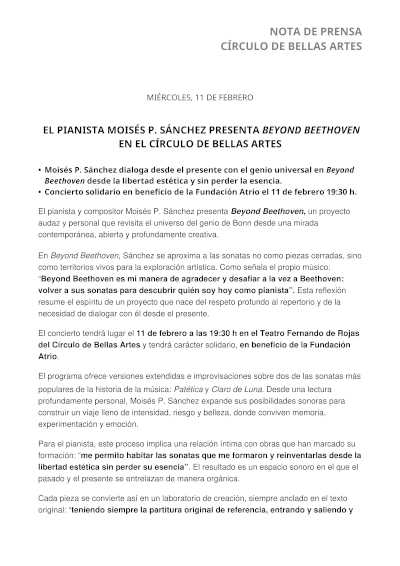 El pianista Moisés P. Sánchez presenta Beyond Beethoven en el Círculo de Bellas Artes
