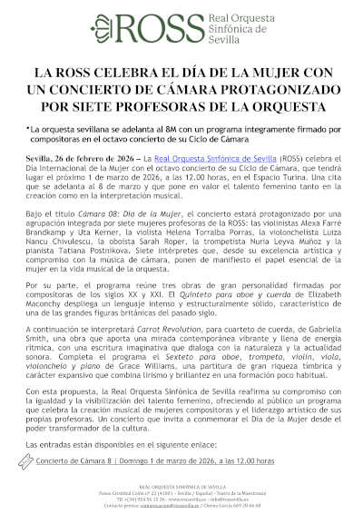 La ROSS celebra el Día Internacional de la Mujer con un concierto protagonizado por siete profesoras de la orquesta