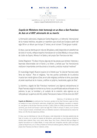 Capella de Ministrers rinde homenaje en un disco a San Francisco de Asís en el 800º aniversario de su muerte