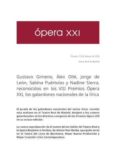 Gustavo Gimeno, Àlex Ollé, Jorge de León, Sabina Puértolas y Nadine Sierra, galardonados en los VIII Premios Ópera XXI